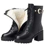 Stiefel Damen Leder Springerstiefel Plüsch Warmer Winterstiefel Halbstiefel Schnüren Reißverschluss Motorradstiefel Klassisch Schnürsenkel Strapazierfähige Boot Gefüttert Kurzschaft Damenstiefel
