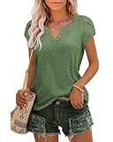 Tanmolo T-Shirt Damen Sommer mit Elegant Tulpenärmeln V-Ausschnitt Oberteile aus Lochstickerei Casual Top Grün, M