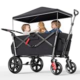 EVER ADVANCED Bollerwagen für 2 Kinder Faltbar mit Dach, Kinderwagen 2x5 Punkt Sicherheitsgurt mit Wickelrucksack, Bollerwagen mit Sitz, Handwagen Transportwagen, Ziehen & Schieben, Fußbremse
