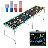 Juskys Partyspiel Tisch Colorido klappbar mit LED Beleuchtung - Wurfspiel Set inkl. 100 Becher (50 Rot & 50 Blau) & 6 Bälle - Alu Gestell, bis 50 kg belastbar - Schwarz, Bunt