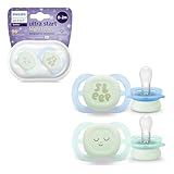 Philips AVENT Ultra Start Schnuller für die Nacht, kiefergerecht geformter Schnuller für Neugeborene, im Dunkeln leuchtend, BPA-frei, mit Sterilisationsbehälter, Doppelpack, grün,blau, SCF075/08