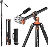 Kamera Stativ,K&F Concept Videostativ Video Tripod mit Fluidkopf,231cm Stativ mit 90° Mittelsäule und Abnehmbarem Einbeinstativ, Aluminium Reisestativ T254A7+FH-03 für DSLR, Camcorder, Kameras