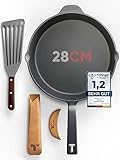 TECOR® Gusseisenpfanne Induktion 28cm inkl. Zubehör - Geschliffene Oberflächen I Bratpfanne Induktion, Gusseiserne Pfanne, Cast Iron Pan, Gusspfanne Grill, Eisenpfanne, Pfanne Gusseisen