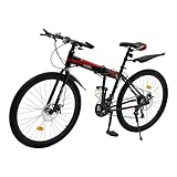 Levkitch 26 Zoll Mountainbike 21-Speed Erwachsene Faltenräder 26'' Rad MTB Rennrad mit doppelten Scheibenbremsen Hochfester Stahlrahmen bis zu 120 kg für Outdoor Travel Camping(Schwarz und Rot)