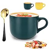 Umllpet Groß Tasse Müslischalen, 600ML Keramik Kaffeetasse mit Löffel Kaffee Tee Tasse mit Henkel KaffeeBecher Cappuccinotasse Suppenschüssel Ramen Salat Schale, Geburtstags Geschenk Grün