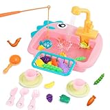 Küchenspüle Spielzeug Set mit Wasserkreislauf Geschirrspüler und Waschbecken 2 in 1 Kinderspielzeug Rollenspiel mit Angelspiel,Schneidspielzeug,Küchenutensilien,Wasserhahn,Play Food für Kleinkinder