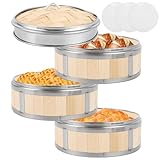Oungy 3 Etagen Bambusdämpfer Ø 20 cm Bambus Dampfgarer mit Edelstahl Bambus Steamer mit Deckel und 2 Dampfkorb, Dampfgarer Bambus für Knödel, Reis, Dim Sum, Gemüse, Fleisch
