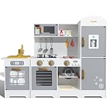 CoziBB Kinderküche, Küchenspielzeug, XXL Spielküche Holz Mit Wasserhahn, Kühlschrank, Mikrowelle, Backofen, Eismaschine, Geschirrspüler Und Grill, Für Kinder Ab 3 Jahren