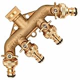 4 Wege Wasserhahn Wasser Verteiler Kugel Ventil aus Messing mit Hahn Anschluss 3/4' Rohr Zoll Innengewinde IG mit Dichtung und 4x Messing Stecker passend für Gardena