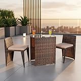 Mucola 3-teiliges Polyrattan Gartenset Braun/Beige – 2 Stühle & 1 Tisch mit 5 mm ESG-Glasplatte – platzsparende Sitzgruppe für Garten, Balkon & Terrasse, inkl. Sitzkissen
