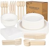 ilauke 170 Stück Weiß Pappgeschirr Geschirr Set, Kompostierbar Ökologisch Pappteller und Besteckset,für Camping Party und Picknick Set inklusive Teller, Löffel, Gabel, Messer, Servietten, Schüsseln