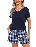 Bresdk Schlafanzug Damen Kurz Shorty Pyjama Baumwolle Sommer Nachtwäsche M1300 Blau01 L