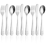 9-Teiliges Kinderbesteck Edelstahl, 3 x Gabel 3 x Löffel 3 x Messer Spülmaschinengeeignet Kinder Besteck Set mit Gravur Taufgeschenke für Mädchen Jungen (Silber)