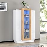 Merax Vitrinenschrank 120cm, Transparente Vitrine Hochglanz mit LED, Bücherschrank mit 3 Türen & 3 Glasablagen, Hochschränk Sammlervitrine Standvitrine für Wohnzimmer Schlafzimmer Büro, Weiß&Holzfarbe