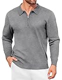 COOFANDY Herren Poloshirt Langarm Half Zip Polo Kragen Pullover Slim Fit Business Elegant Polo Grau L
