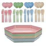 Mulaibdin 8 Stk Plastikteller Mehrweg, Teller Set Bunt mit Besteck & Dipschalen, 6.6 inch Kinderteller Plastik BPA Frei, Camping Teller Kunststoff, Unzerbrechliches Speiseteller für BBQ,Pasta,Party