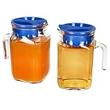 MamboCat 2er Set KORA Kühlschrankkrug mit blauem Kunststoff-Deckel I 0,5 Liter I viereckige Glas-Karaffe mit Ausgießtülle & Henkel für Eistee, Wasser, Saft, Milch & Co.