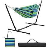 Yaheetech Hängematte mit Gestell, Verstellbarer Doppelhängematte 294/304/314cm mit Stabiler Rahmen, bis 205 kg Belastbar, Großzügige 2-3 Personen Hammock für Indoor & Outdoor, Blau-Grüner Streifen