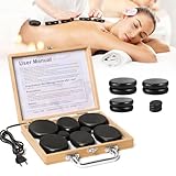 Hot Stone Massage Set, 10 Heiße Steine, Massagesteine Set aus Basalt mit Bambuskiste, Hot Stone Wärmegerät für Spa, Entspannung, Massagetherapie (10 Stück)