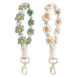 TNSLAND 2 Stück Boho Keychain Aesthetic Makramee Schlüsselanhänger - Cute Gänseblümchen Armband Auto Geflochten für Frauen Tasche Anhänger - Damen und Mädchen Weiß+Grün