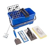 MIVOS Fliesenwaschset 6-teiliges Fliesenleger Waschset - Profi Fliesen Waschset - Stukkateurspachtel - Zahnkelle - Schwammbrett - Reibebrett - Eimer 22L - Mörtelmischer