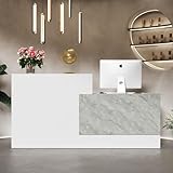 Große Empfangstheke, Empfangstresen, Bürotheke, Rezeptionstisch, Empfangstheke mit 4 offenen Ablagefächern, Empfangstheken, Empfangstheke mit Sichtschutz, Weiß + Steinmuster, 220 x 60 x 110 cm