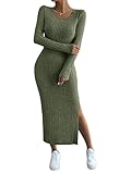 GORGLITTER Strickkleid Damen Lang Mit Schlitz Figurbetontes Kleid Langarm Lang Kleid Mit U Ausschnitt Figurbetontes Kleid Mit Rippenstrick