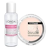 Maybelline New York Superstay 24h Hybrid Foundation Mattierendes Puder Waterproof Farbe 03 Matte + Micellar Wasser Sanft Reiniger Gesicht Augen Lippen Reiseformat 30ml