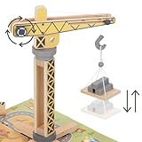 mamabrum, Baustelle aus Holz mit großem Mobilkran und Fahrzeugen, Mobilkran, Straßenzapfen, Plattform mit Baumaterialien