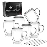 LIBWYS Doppelwandige Kaffeegläser 6x350ml mit Löffel, Cappuccino, Latte Macchiato Gläser, Teetassen Thermo mit Griff, Hitzebeständige Kaffeetassen Trinkgläser (6er Set)