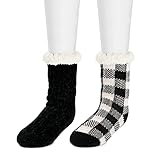 Flauschige Damen-Hausschuhe, Sherpa-gefüttert, mit Greifern, flauschig, mit Fleece gefüttert, warme Indoor-Socken, Heimsocken, griffige Socken, Black Checkboard+black, 8-10