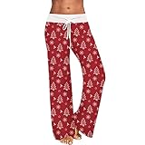 IQYU Pyjamahose Damen Lang Baumwolle Mit Bündchen Schlafanzughose Weihnachts-Schlafanzughosen Kariert-Pyjama-Hosen Warme Weihnachtspyjama Weites Bein Freizeithose Yoga-Hose