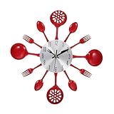 TOYANDONA Leise Moderne Küchenwanduhr aus Edelstahl mit Kreativer Besteck Dekoration Geräuschlos Rotes und Silbernes Zifferblatt Rechteckige Form Einfache Wandmontage für Wohnzimmer Büro