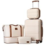 KONO Koffer Set Gepäcksets 4 Teilig Hartschale, Koffer Handgepäck 55cm mit 4 Rollen und TSA-Schloss Der Reisekoffer Set Enthält 1 Kosmetikkoffe und 1 Reisetasche und 1 Kulturbeutel (Weiß/Braun)