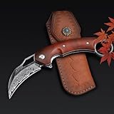 SMITH CHU Damast Pilzmesser VG10 Damaststahl Taschenmesser Scharfes Klappmesser Outdoor Messer mit Lederscheide, Geschenke für Männer