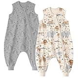 Unnivoll Baby Schlafsack mit Füßen 0,5 Tog Schlafsack Baby Sommer 2er Pack Baumwolle Schlafsack mit Beinen Babyschlafsack Weich 70 cm für Jungen Mädchen Beige Grau Elefanten