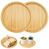 2 Stück Holztablett Rund, Tablett Holz, Pflanzen Untersetzer aus Bambus, Serviertablett, Waschbar, Hitzebeständig für Tassen, Teeservice, Vasen, Getränke
