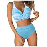 Generisch Damen Tankini Set mit Push-up Effekt Retro Rüschen Design als modischer Zweiteiler Badeanzug für Strandurlaub Schwimmbad (Light Blue, M)