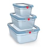 EMSA oneClick Frischhaltedosen, 0,75L, 1,5L, 3,0L, Lebensmittel 2 x länger frisch, 100% dicht, Made in Germany, platzsparendes Set, gefrier-, mikrowellen- und spülmaschinengeeignet, blau, N1231400