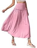 KOJOOIN Damen Röcke Zwei-in-EIN Lang Einfarbig Maxirock Elegant Strandrock Elastische Hohe Taille Boho Röcke Sommer Schulterfrei Freizeitkleid Rosa M