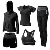 ZETIY Damen Traingsanzug Yoga Kleidung Anzug 5er-Set Sportanzüge Jogginganzug Gym Fitness Kleidung Laufbekleidung Sportswear Sport Yoga Outfit Damen BH Leggings Set - Schwarz - L