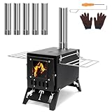 GFTIME Zeltofen 53x30cm Tragbarer campingofen mit 5-Schornstein und klappbare Beine für Camping, Garten,outdoor ofen kocher Küche, Gartenofen,Holzofen mit 1 Paar Handschuhe, Campingzubehör