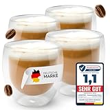 Lemontree 4er Set Cappuccino Tassen 250ml - Cappuccino Gläser doppelwandig, Gläser hitzbeständig, moderne Design Kaffeetassen aus Borosilikatglas