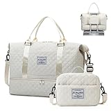 Reisetasche Damen, Sporttasche Groß mit Schuhfach & Nassfach, Wasserdicht Weekender Handgepäck Tasche mit Kosmetiktasche, Trainingstasche Schwimmtasche Saunatasche (Beige)