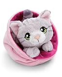 NICI Little Paws Kuscheltier Katze 12cm grau getigert im pinken Körbchen - Flauschiges Stofftier, Plüschtier zum Kuscheln, Spielen und Liebhaben - 61331