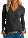 Teesho Damen Tshirt Langarm V-Ausschnitt Oberteile Elegant Shirts Casual Longshirt Baumwolle Pullover Herbst Bluse Tops Tunika（Schwarz/L