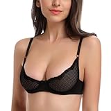 Wingslove Damen Sexy 1/2 Cup Spitze BH Soft Mesh Bügel BH Demi Unlined Durchsichtig Bralette Schwarz 80B