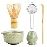 5 in 1 Matcha Set Japanisches Matcha Tee Set mit Matcha Besen, Matcha Schale mit Ausgießer, Matcha Schneebesen, Halter Handwerklich Matcha Tea Set aus Keramik Zubehör für Matcha-Zeremonie (Grün)