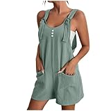 Musselin Jumpsuit Damen Kurz, Latzhose Damen Arbeitshosen,Overall Damen Sommer Einteiler Shorts Hose mit Taschen Baggy bequeme Romper Playsuit Hosenanzug Sommerhose Leicht Jumpsuits für Frauen