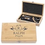 LAUBLUST Weinöffner Set Personalisiert - 5er Weinzubehörset als Sommelier Set | Monogramm - Wein Zubehör mit Geschenkbox aus Holz | Personalisierte Geschenke für Männer mit Korkenzieher & Thermometer